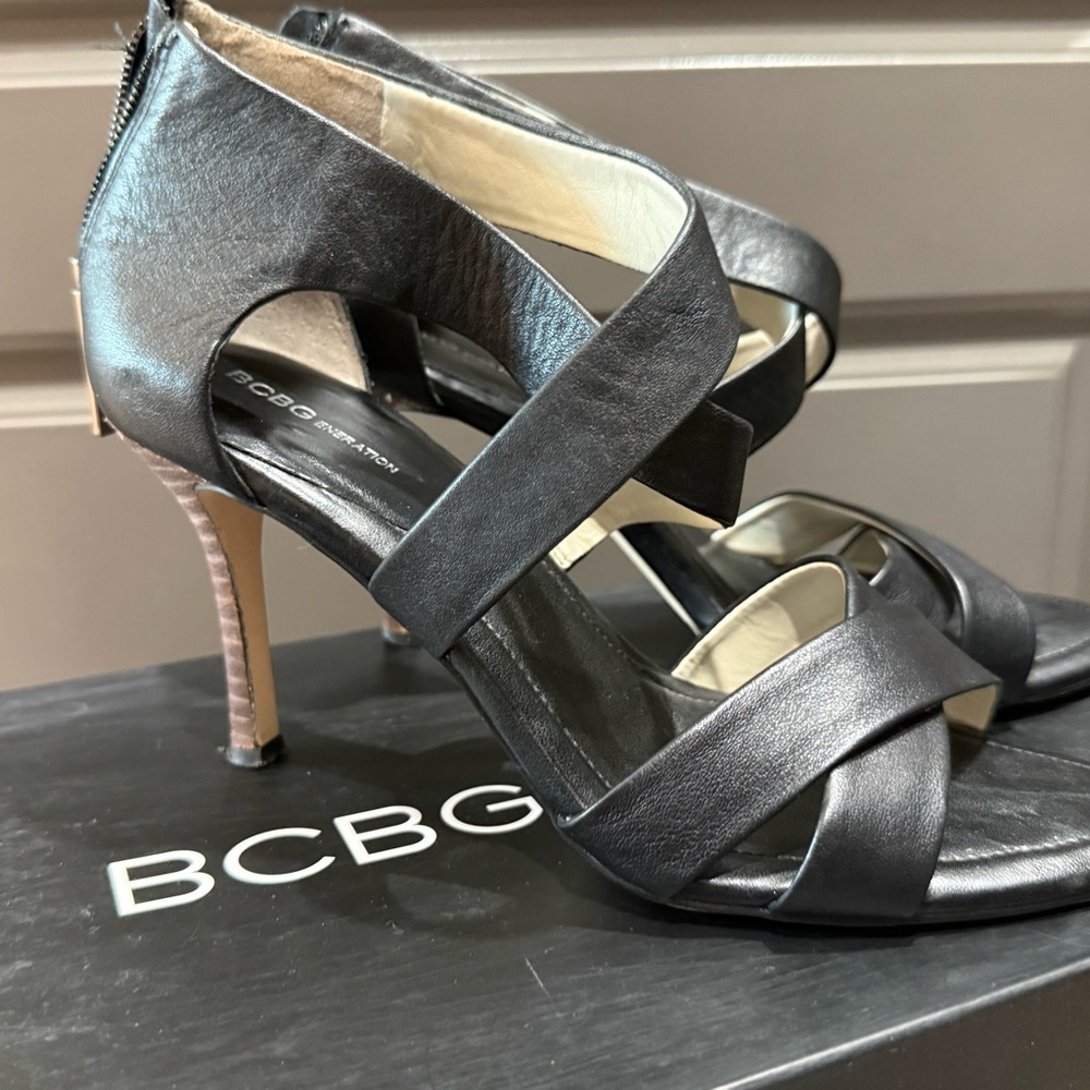 BCBG Black Strappy Heels with Tan Accents